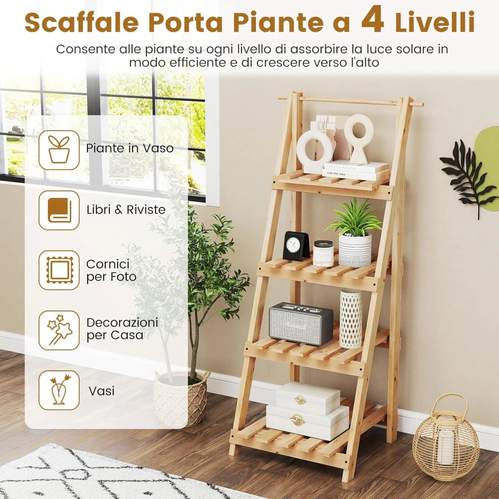 Scaffale Porta Piante a Scala Pieghevole, Scaffale per Vasi in Legno a 4 Livelli, Supporto Porta Fiori da Interno per Soggiorno Camera da Letto, Balcone
