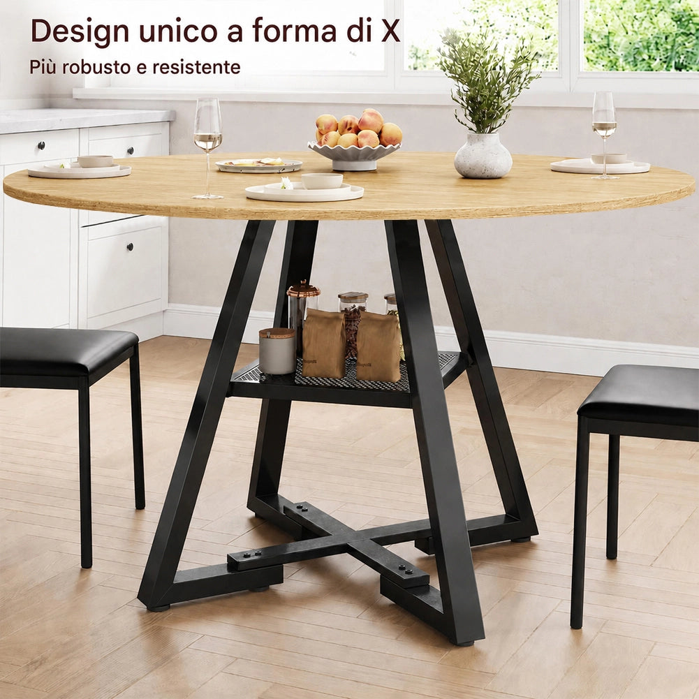 Tavolo per Sala da Pranzo Tondo Naturale con Ripiano Portaoggetti 120x120x76cm