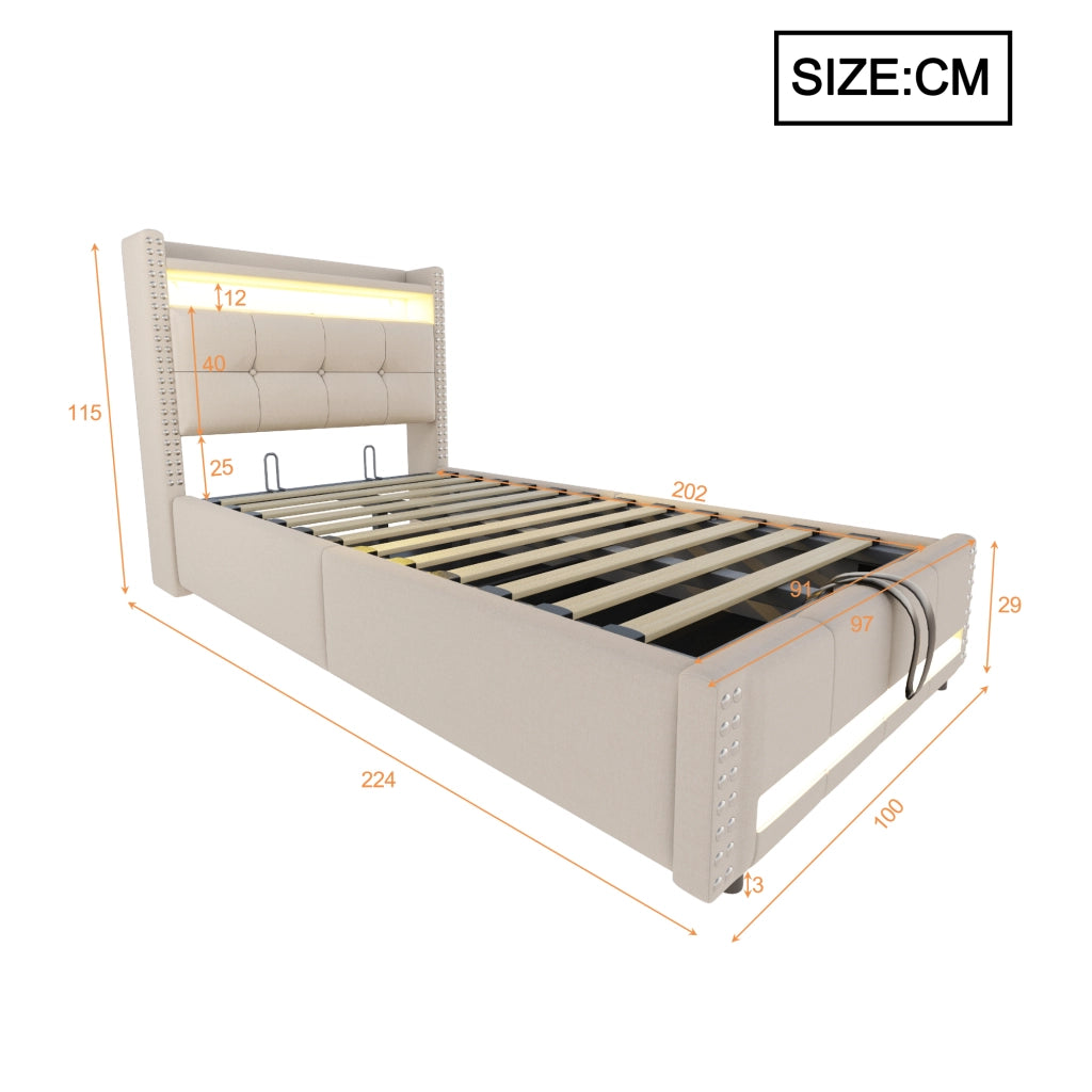 LETTO imbottito singolo 90x200 cm Beige con LED, USB e contenitore