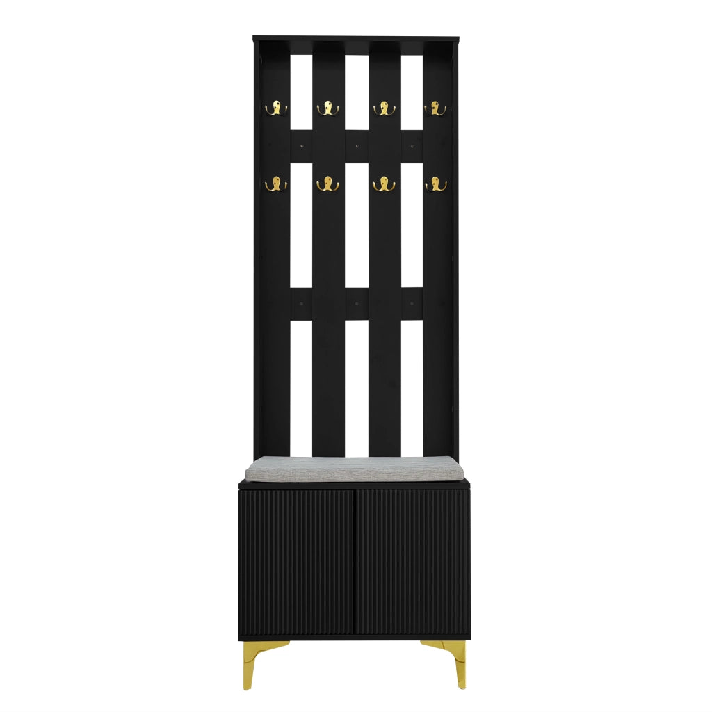 Mobile Ingresso con 2 Ante; Ripiani Regolabili e Panca Portascarpe; Push-to-Open; Nero e Oro; 60;5×35;2×180;5 cm