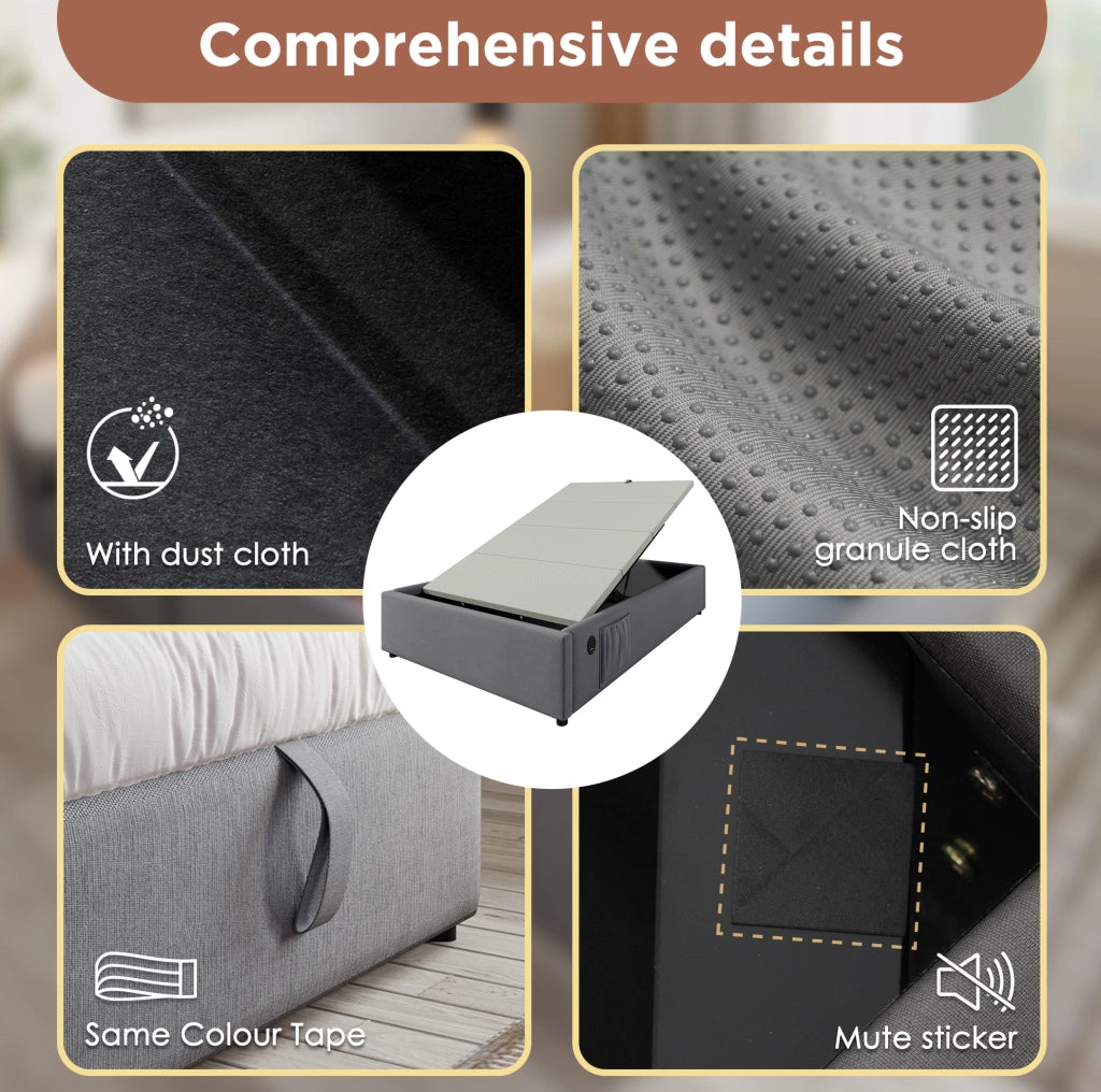 Letto contenitore singolo 90x190 cm in tessuto lino grigio con USB e Type-C