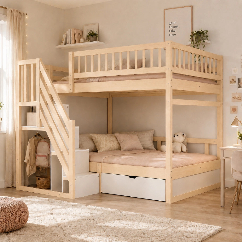 LETTO a castello 140x200 cm in legno con scala contenitore e cassetti