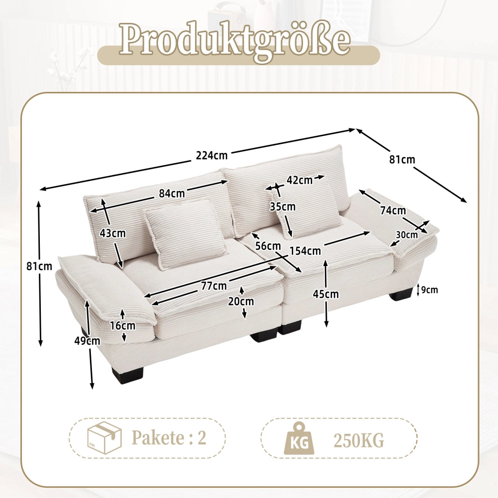 Divano 2 Posti con Cuscini e Braccioli Imbottiti; Seduta Profonda in Velluto; Beige 224 × 81 × 81 cm