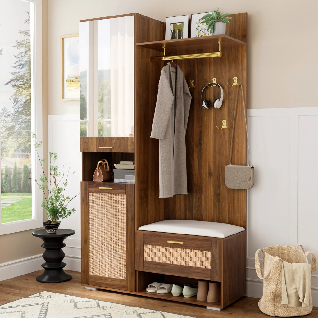 Mobile d'Ingresso con 3 Ante; Specchio; Panca e LED 16 Colori; Stile Moderno; in MDF; Noce/Bianco; 110??38??190 cm