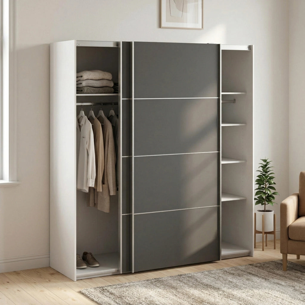 Guardaroba 2 ante Cassano, Mobile camera da letto, Cabina armadio portabiti, Armadio appendiabiti, 182x64 h202 cm, Bianco e Grigio