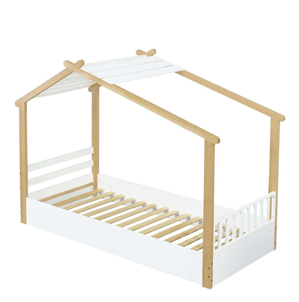 Letto a casetta 90x200 cm con doghe stabili; bianco e naturale