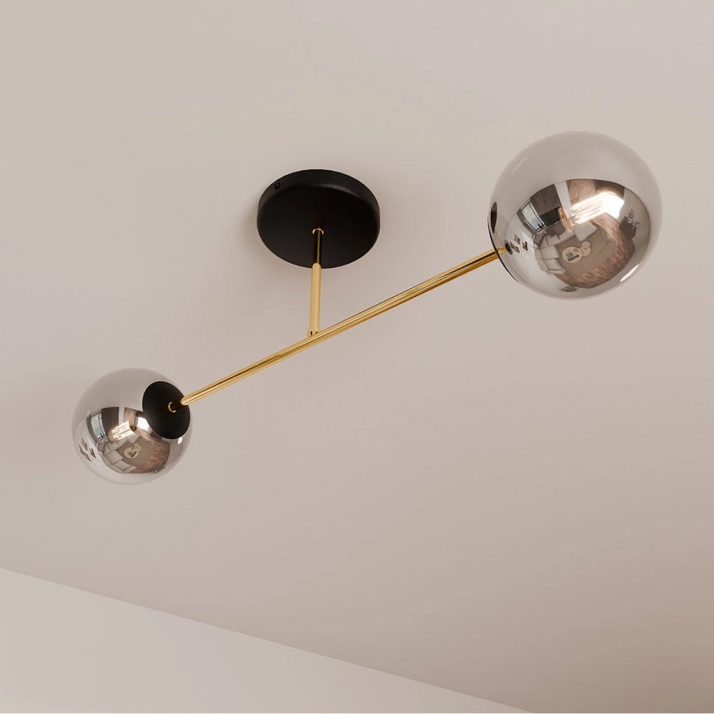 Lampada a sospensione Magnum con struttura in oro e nero e vetri fumé