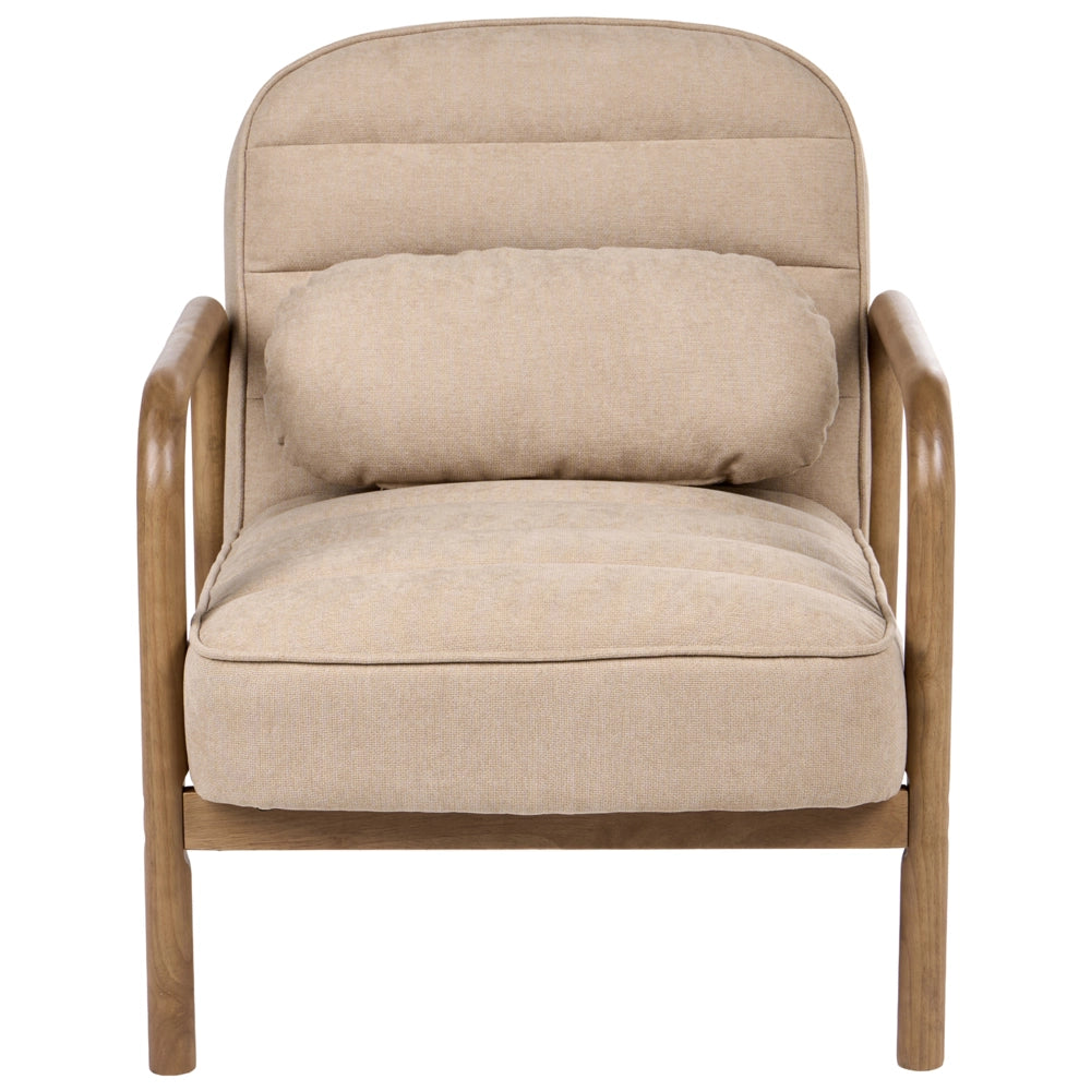 Poltrona in tessuto beige con struttura in legno, stile Mid-Century Modern