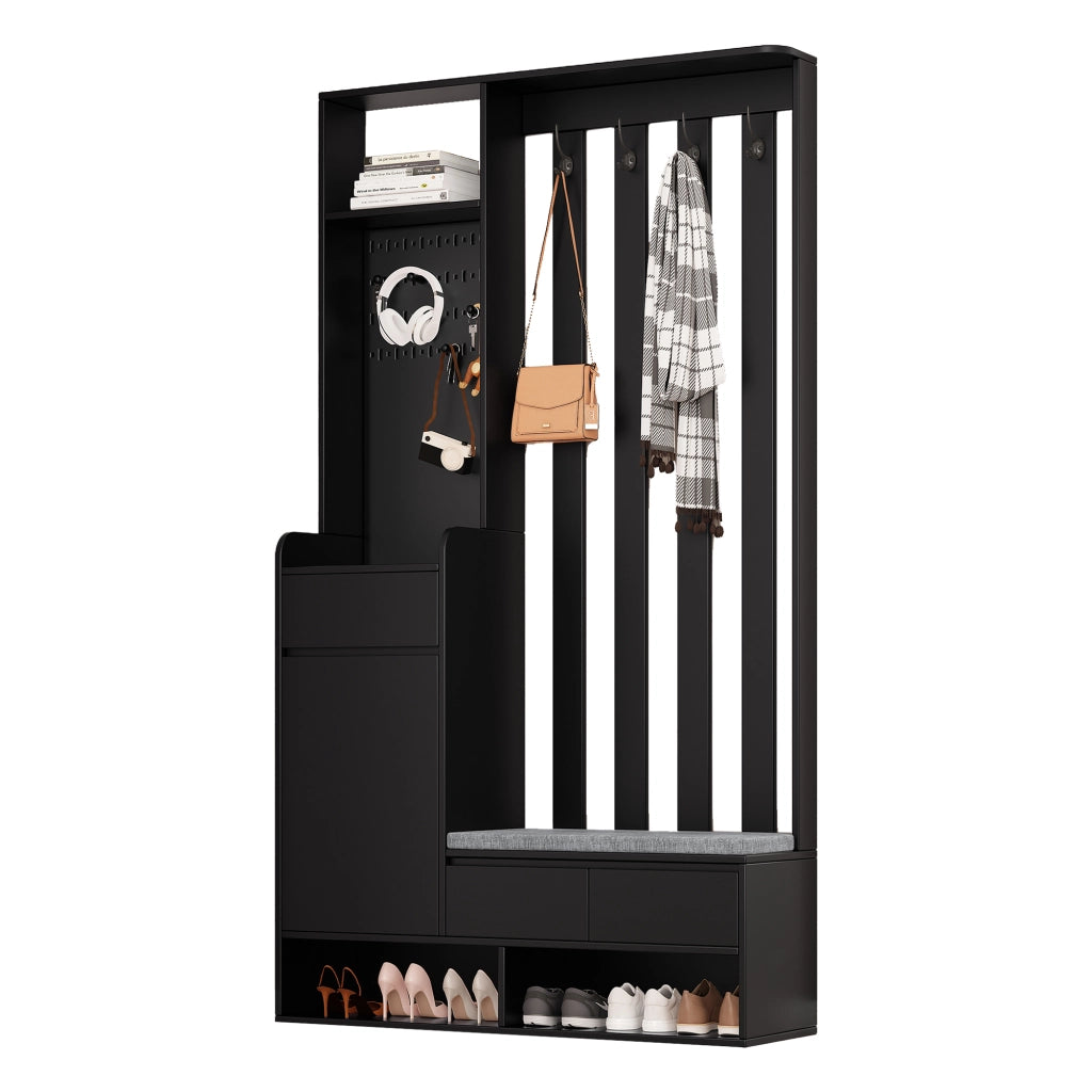Guardaroba da ingresso multifunzionale con panca imbottita, pannello forato, 4 ganci e vani contenitore, nero, H180 x L100 x P35 cm