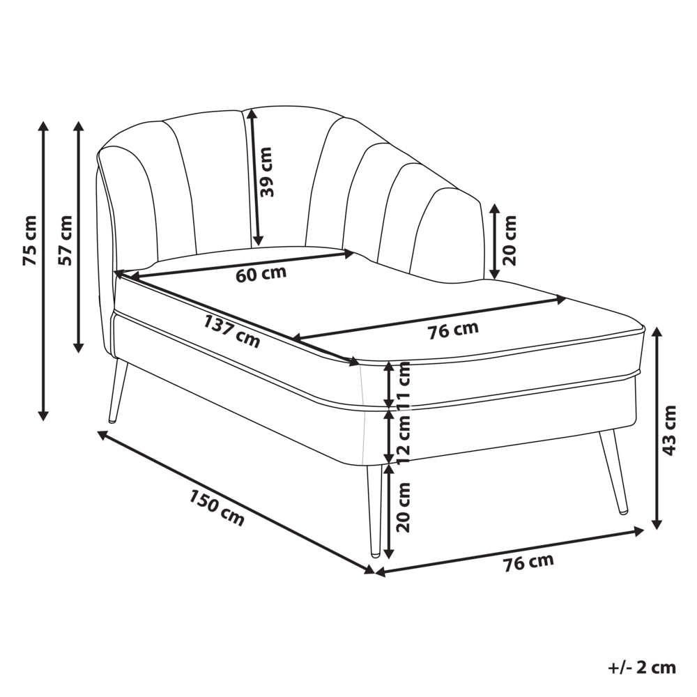 Chaise longue Velluto Bianco Crema Rivestimento Gambe In Metallo nero versione destra