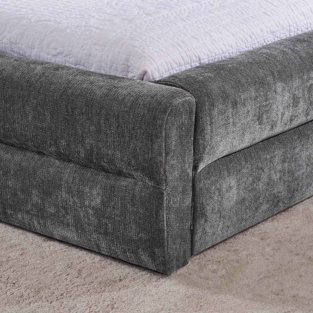 Letto Matrimoniale 140x200cm - Xylo - Testiera Chenille e Struttura Eucalipto/Ferro Grigio Scuro