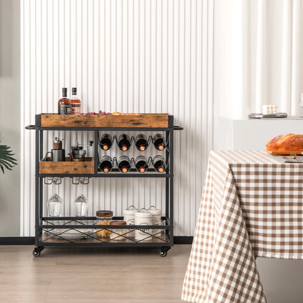 Carrello bar con vassoio rimovibile portabottiglie porta calici e ruote, Carrello cucina a 3 livelli Marrone-Portabottiglie