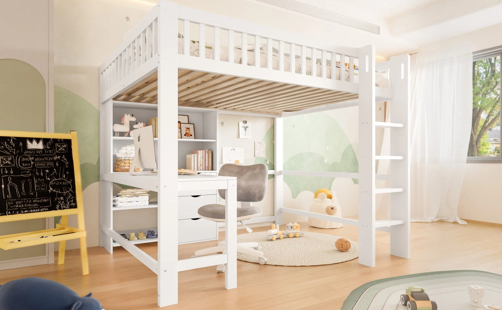 DESMIU Letto a soppalco 2 posti con scrivania, 3 cassetti e ripiani 140 × 200 cm senza materasso pino bianco