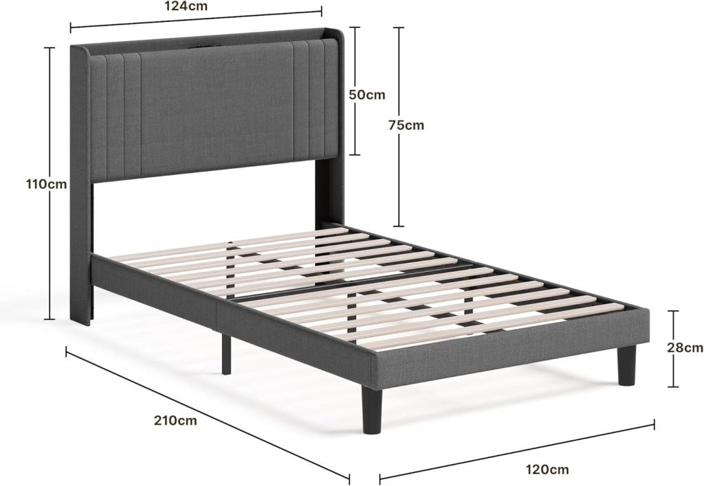 Letto imbottito con luce LED 120 x 200 cm，Piattaforma Struttura letto (2 Prese CA 2 Porte USB), Per le camere degli ospiti e le camere da letto (Grigio scuro)