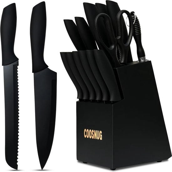 Set di 15 coltelli da cucina con blocco di legno, set di coltelli da cucina con trattamento antiaderente, set di 15 coltelli da cucina in acciaio inossidabile tedesco con coltello a cucchiaio (set da 15 pezzi)