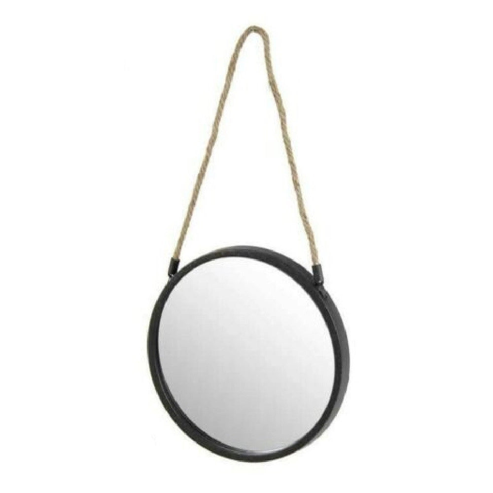 Trade Shop - Specchio 25 Cm Con Corda Specchiera Parete Tondo Moderno Nero In Metallo 777042 -