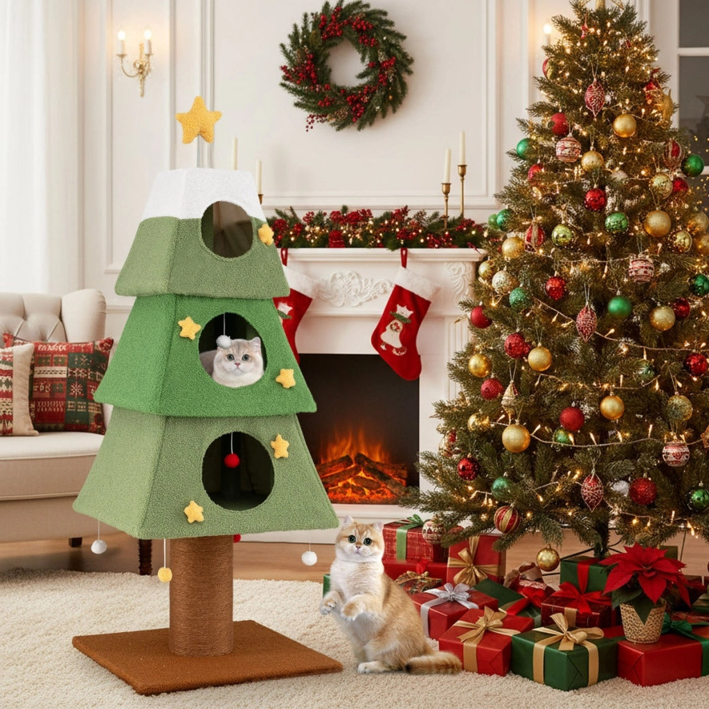 Grande albero di Natale per gatti con 3 condo e palo tiragraffi in sisal-Mobile da arrampicata a pi¨´ livelli per decorazione festiva