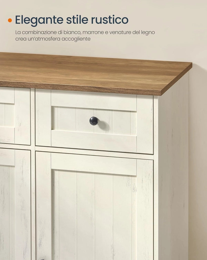 SONGMICS HOME Credenza Montaggio Rapido Senza Attrezzi Toolless, Montaggio Superveloce Senza Utensili, Mobile da Cucina con Piano, Buffet, Ripiani Regolabili, Bianco Vintage e Marrone Miele BBK376WJ02