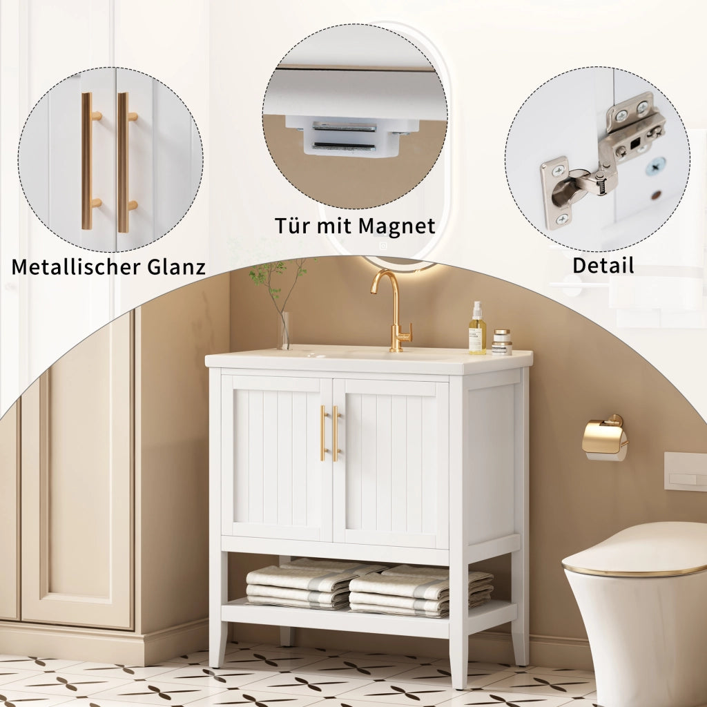 Mobile sottolavabo con lavabo in ceramica e vano inferiore aperto, struttura a pavimento, per bagno, in MDF, bianco