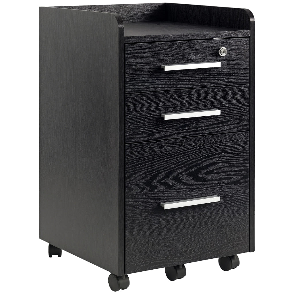Cassettiera Portadocumenti in Legno a 3 Cassetti con Chiavi di Sicurezza e 5 Ruote. 39.2x40x65.4 cm. Nero