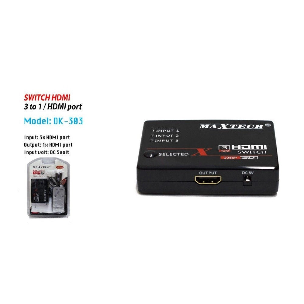 Trade Shop - Switch Hdmi 3d 3 Ingressi 1080p Con Telecomando Per Tv Ps3 Xbox Dvd Maxtech Dk-303 -