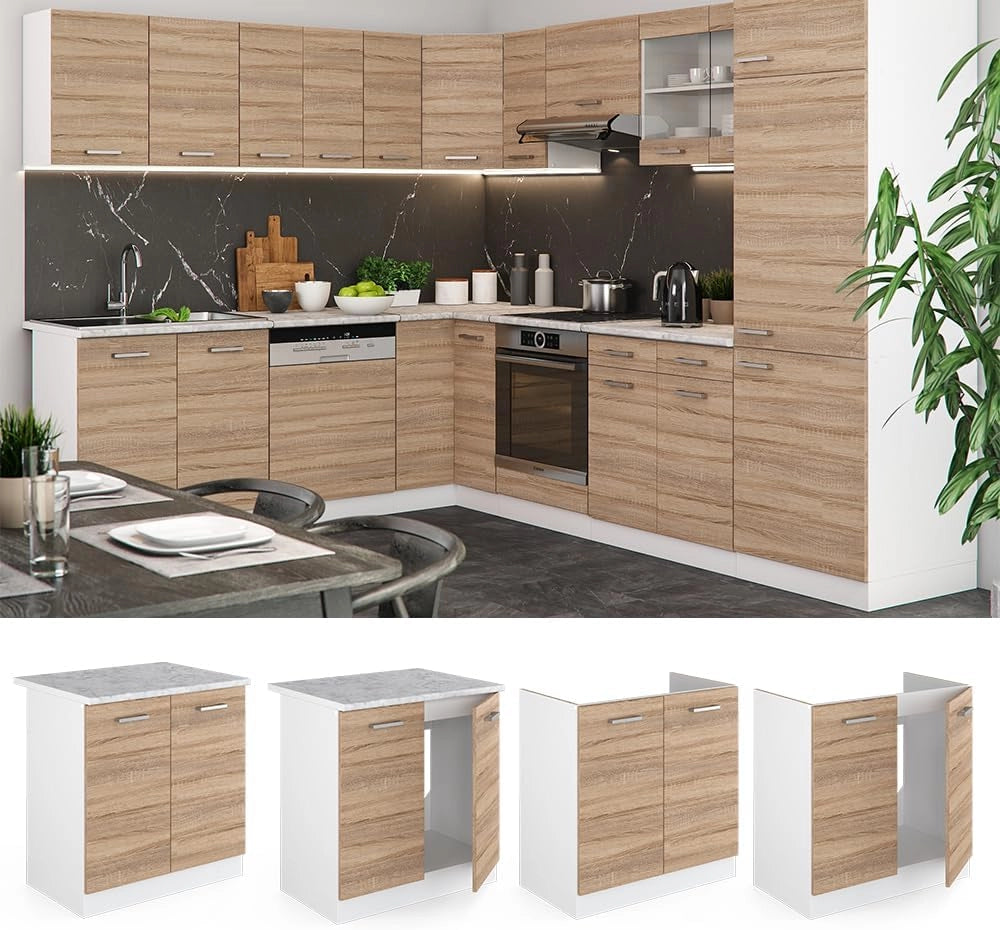 Mobile lavello cucina R-Line, Sonoma, 80 cm, PL Marmo, per la libera combinazione all'interno di sistemi cucina modulari