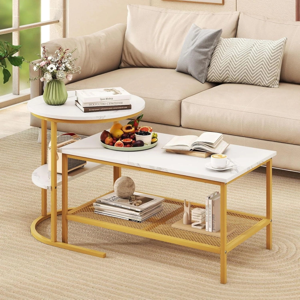 Set di Tavolini da Caffè Componibili, 2 in 1 Set di Tavoli Rimovibili con Piano in Marmo Sintetico, Tavolino Rotondo e Tavolino Rettangolare per Salotto e Camera da Letto (Oro)
