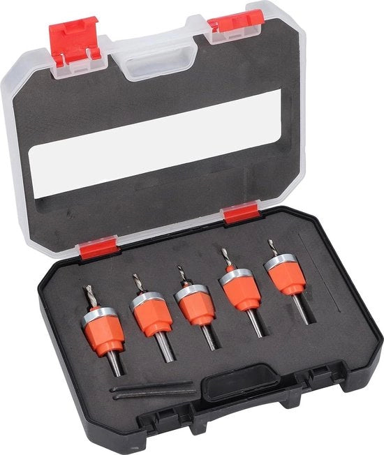 Set di fori con regolazione di profondità - Rimozione efficiente di spatole - Borse a toletta - Diametri 28-32-35-4 mm - Chiave per legno e metallo.