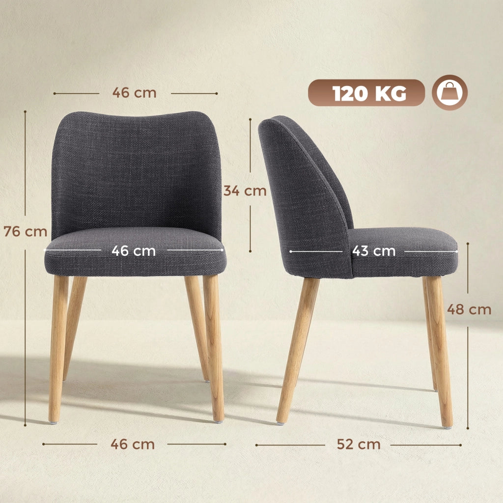 Set di 2 Sedie Pranzo Imbottite con Gambe Legno Hevea. Tessuto Grigio Chiaro