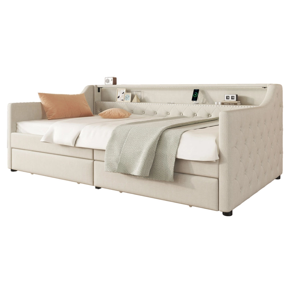 Daybed 90x200 cm con luci LED; USB e 2 cassetti; lino beige