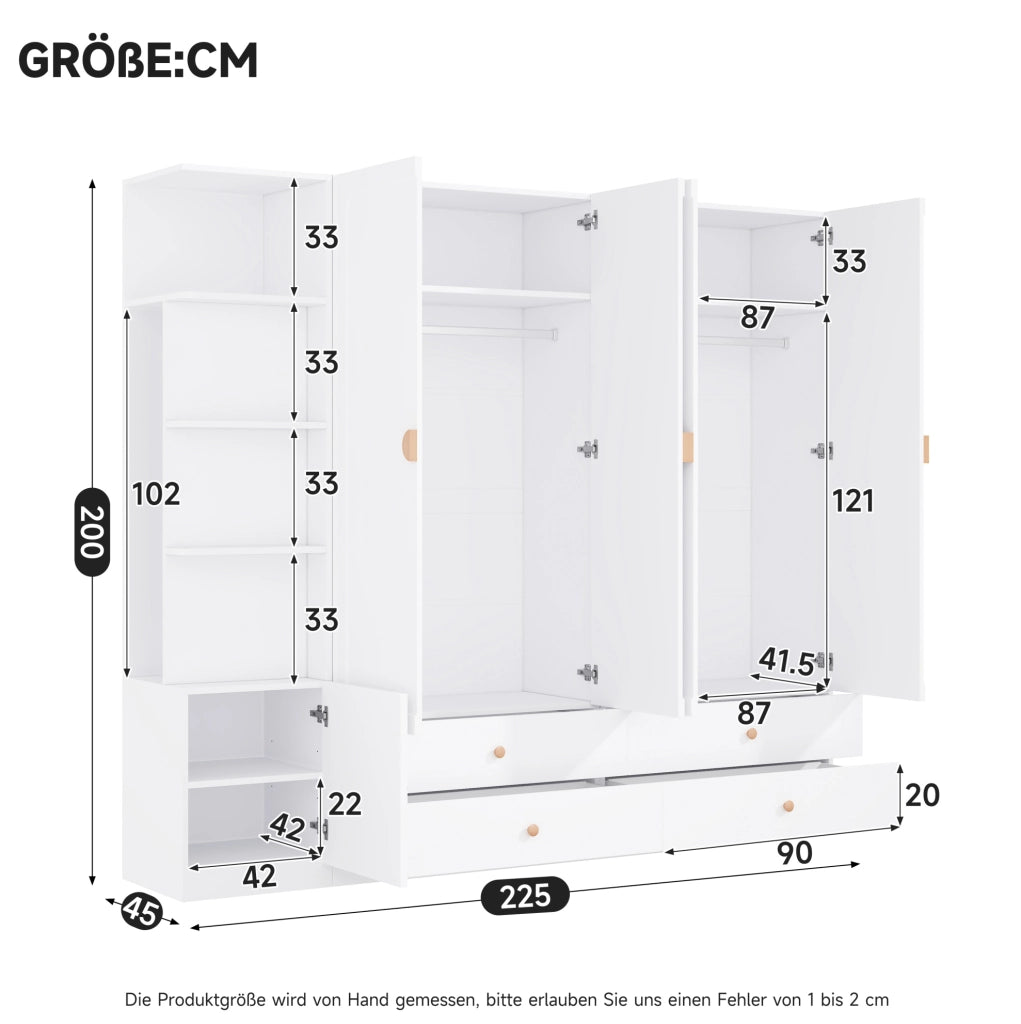 Armadio bianco con 3 aste appendiabiti e 4 cassetti; 225 x 45 x 200 cm