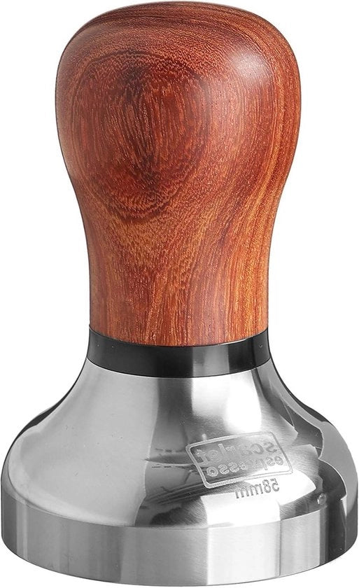Tamper per barista - manubrio ergonomico - base in acciaio inox lucidata a polimento - 58 mm base in legno di sandalo rosso