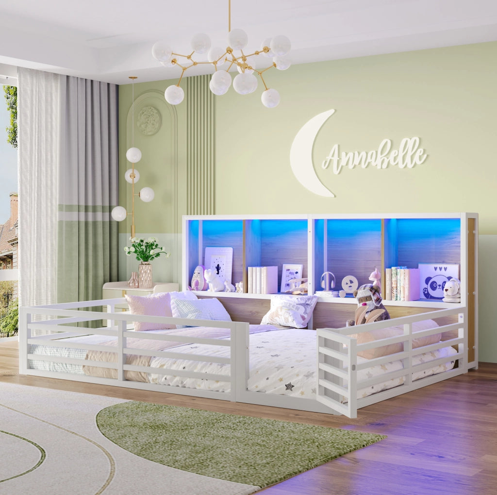 Letto daybed 140x200 cm con sponde di sicurezza; vani laterali e LED; MDF e metallo; bianco