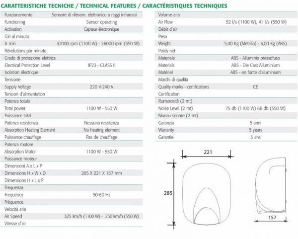 Asciugamani elettrico da parete - ECOstream LF 1100 Hot - Metallo cromato