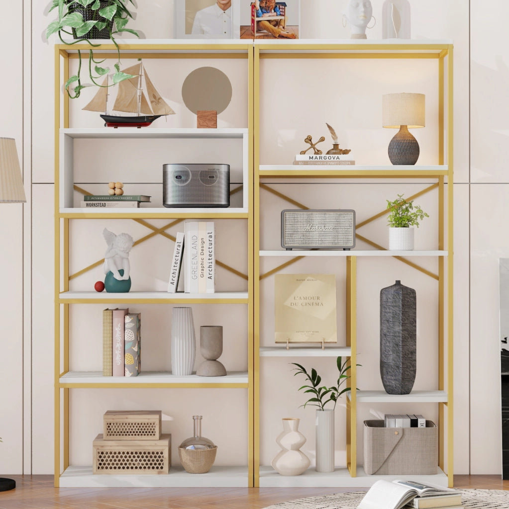 Libreria 160x29.5x180 cm a ripiani aperti con struttura rettangolare in metallo e MDF bianco e oro