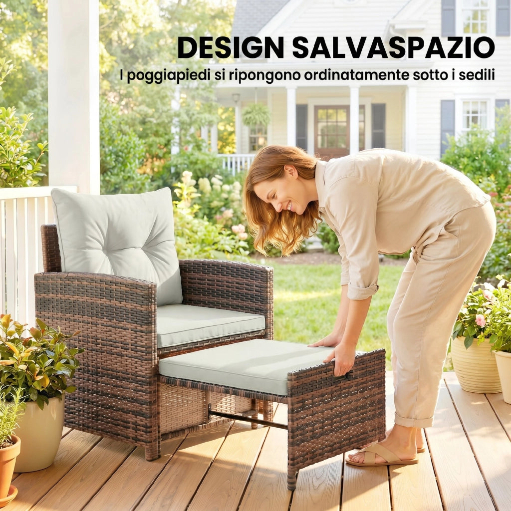 Set Giardino in PolyRattan e Acciaio 5 Pezzi con 2 Sedie, 2 Pouf e Tavolino da Caff¨¨ ¨C ZephMum ¨C Marrone e Crema