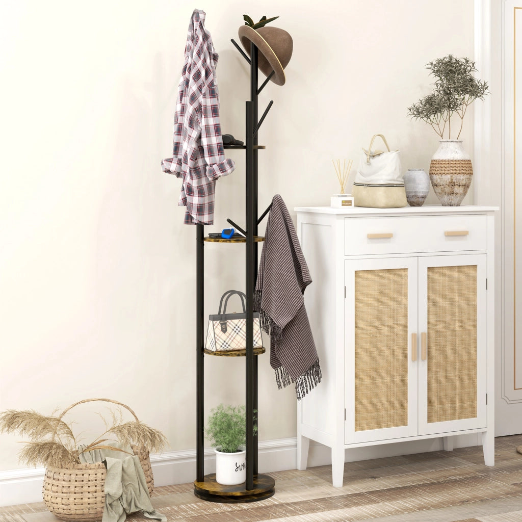 Appendiabiti da Terra Girevole con 8 Ganci e 4 Mensole in Stile Industriale, ?30x175cm, Marrone