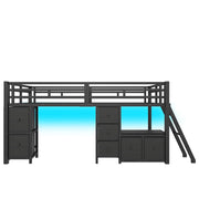 Letto rialzato per bambini 90x200 cm con 7 cassetti, libreria e luce LED