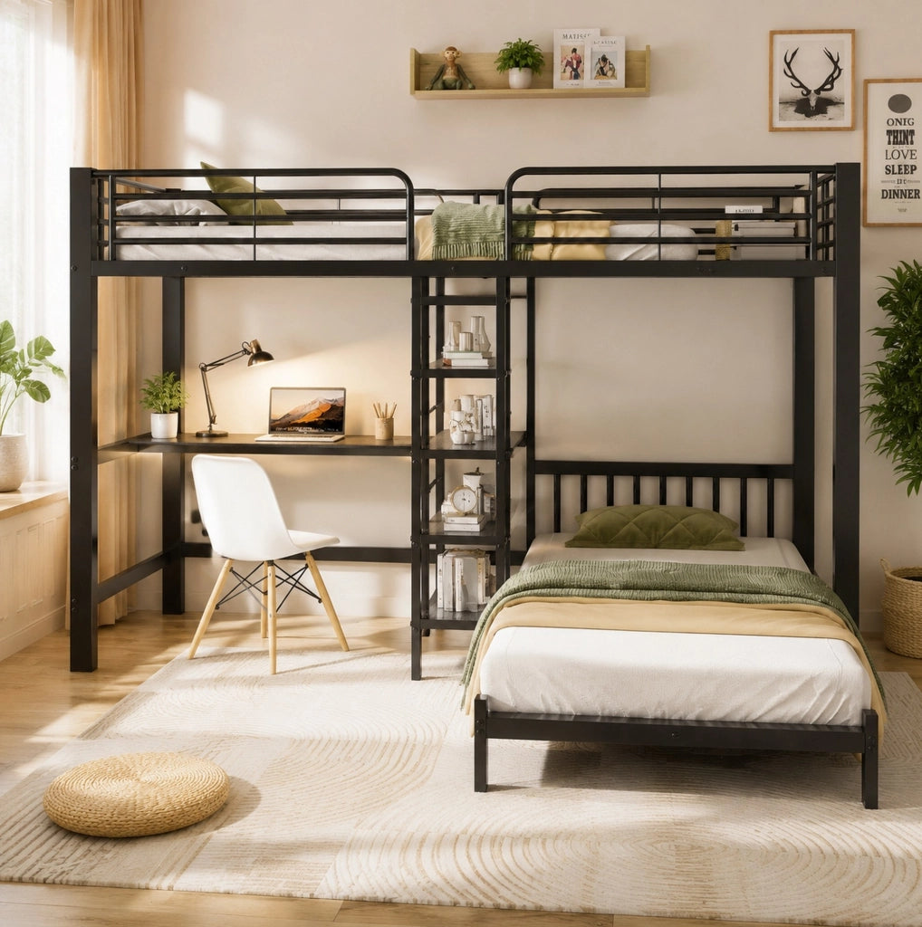 Letto a castello 2 posti con scrivania; vani contenitore; prese USB/Type-C; 90 x 200 cm; nero