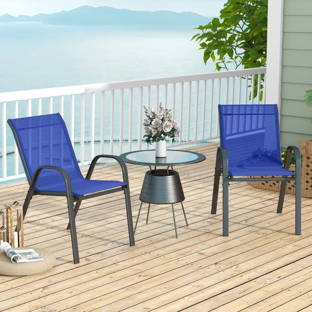 Set di 4 sedie da patio impilabili in metallo con braccioli, Sedie da pranzo in tessuto traspirante Blu-Sedie da esterno