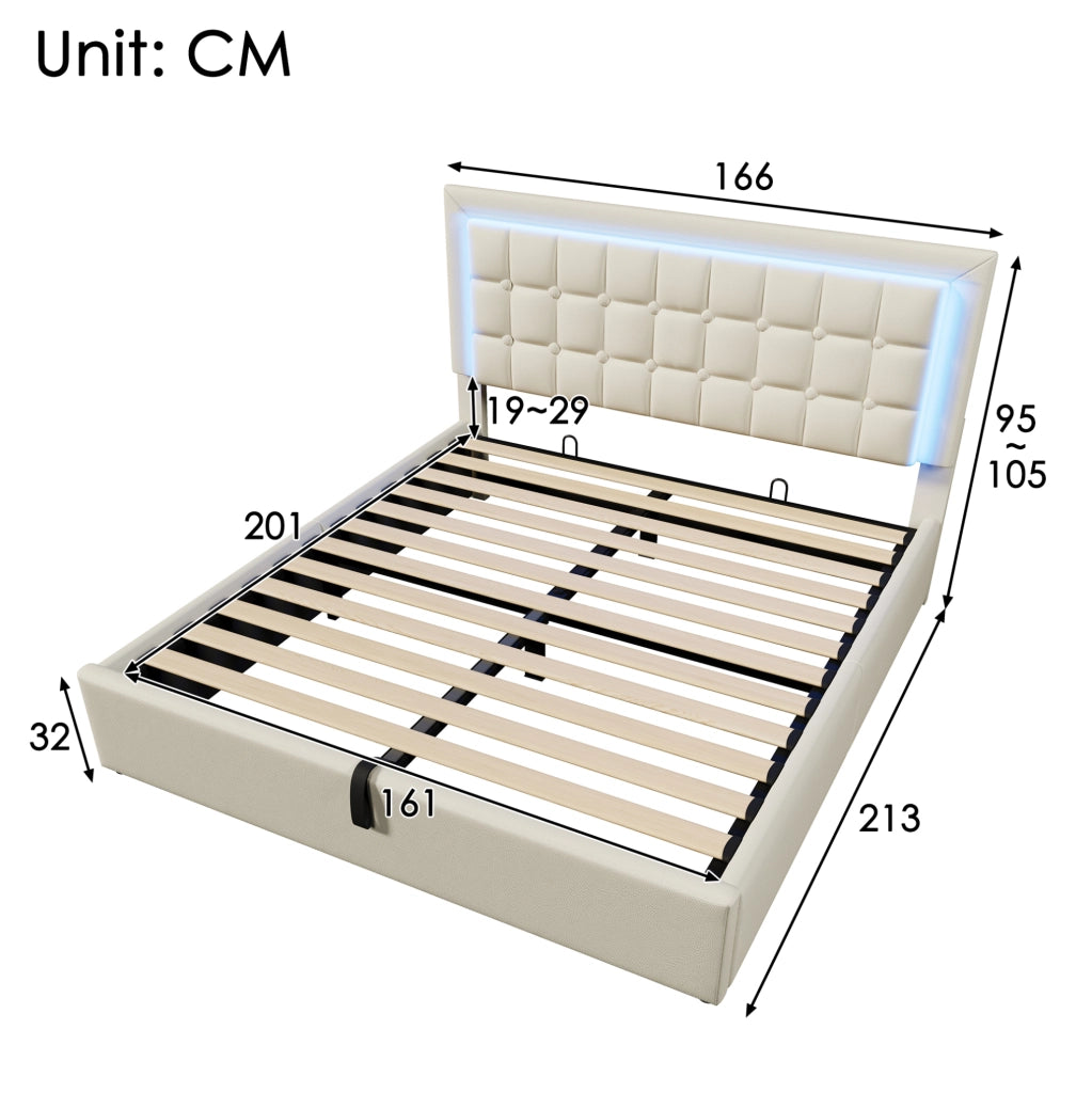 Letto matrimoniale 160x200 cm con contenitore; LED e rivestimento in PU bianco