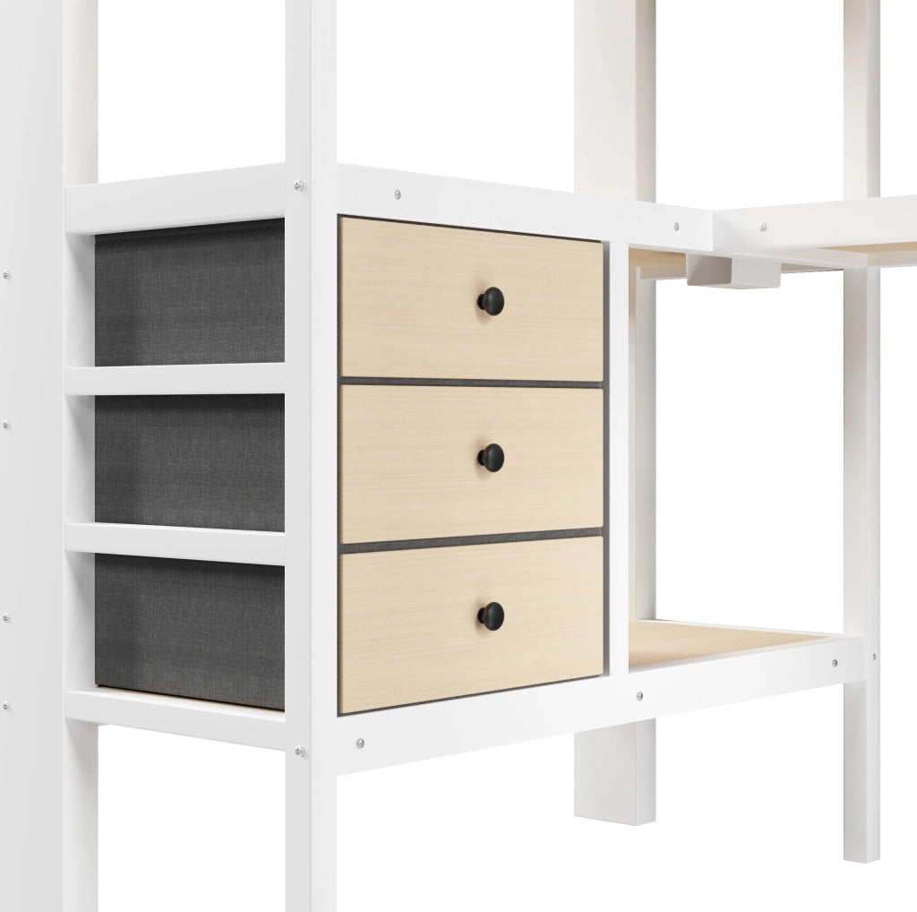 Letto a soppalco 90x200 cm bianco con scrivania, cassetti, LED e presa