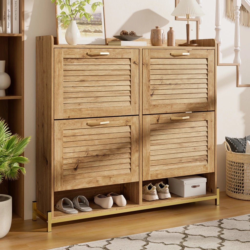 Mobile Scarpiera con 4 Ante e Ripiano; Struttura in Metallo; Stile Moderno; in MDF; Effetto Legno; 108;5×24×100 cm