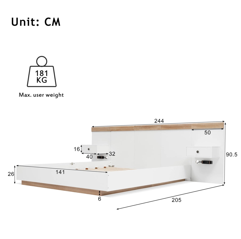 Letto matrimoniale 140x200 cm con 2 comodini LED e porte USB C; legno bianco e rovere Sonoma