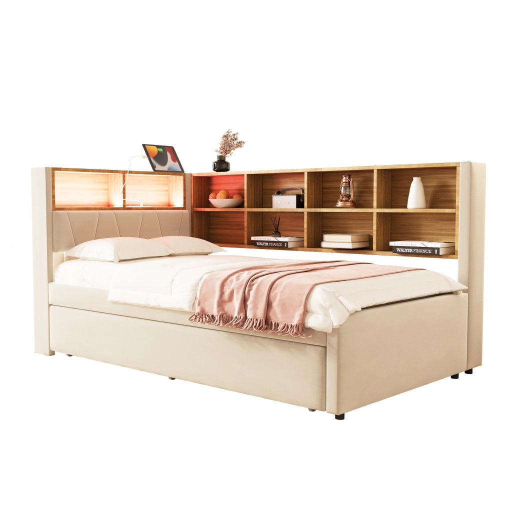 Divano letto singolo con letto estraibile, LED e USB, beige