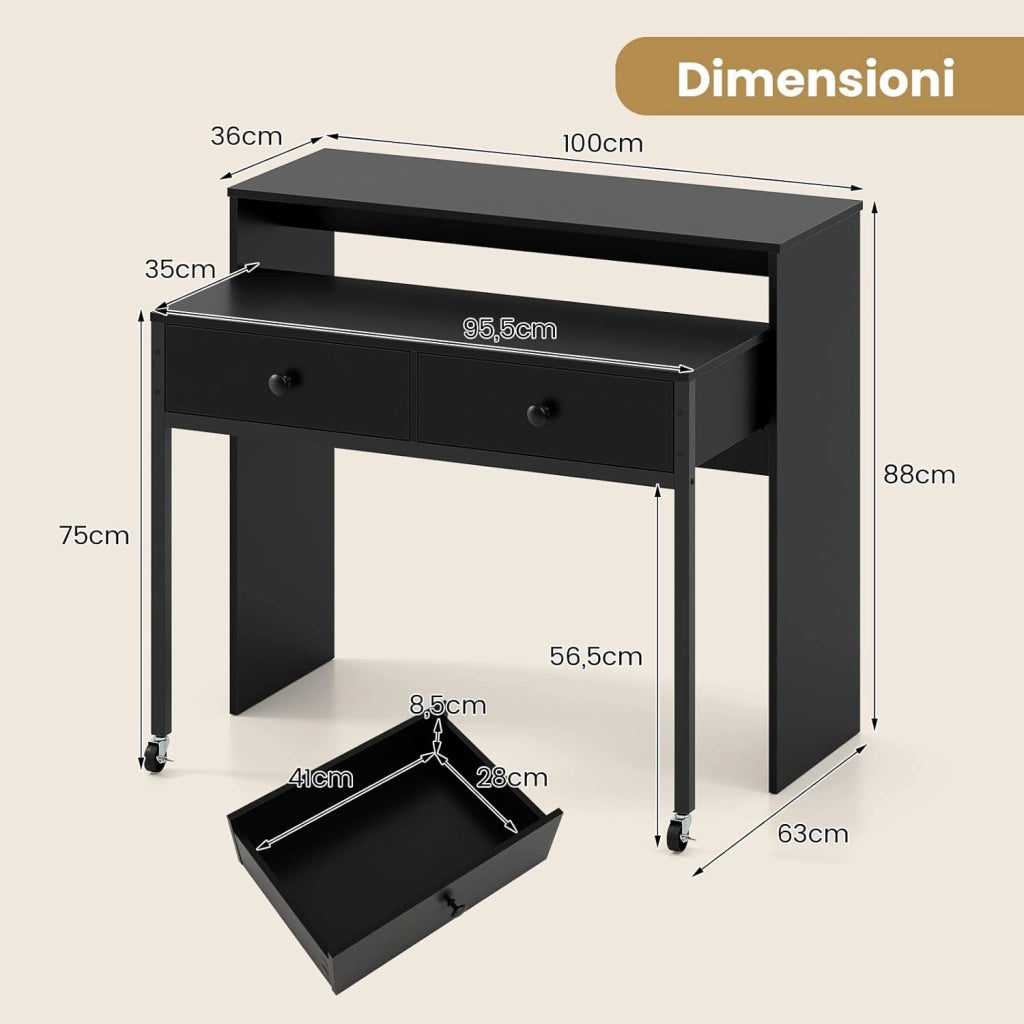 Scrivania per Computer, Tavolo Salvaspazio Retrattile con Cassetti e Ruote Universali Bloccabile, 100 x 63 x 88 cm, Desk Gaming per Ufficio, Soggiorno e Camera da Letto (Nero)
