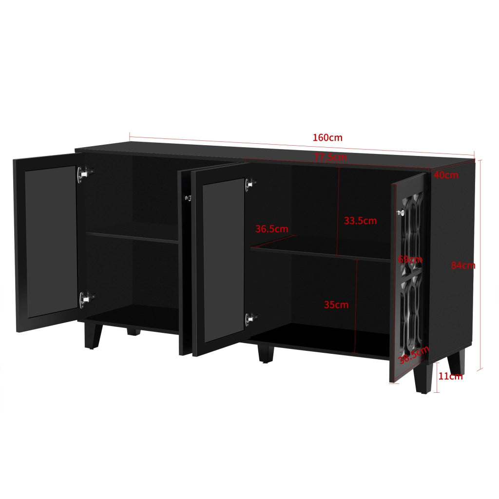 Credenza con 4 Ante e 2 Ripiani Regolabili; Frontali a Specchio; in MDF; Nero; 160??40??84 cm