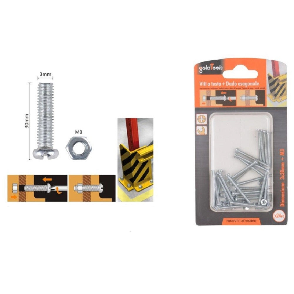 Trade Shop - Set 24 Pz Viti Vite Testa A Croce Tonda 3x30mm Con Dadi Dado Esagonale M3 90956 -