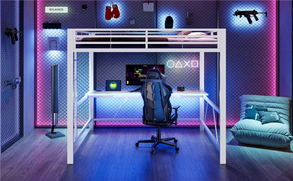 Letto a soppalco 160 × 200 cm con scrivania, illuminazione LED e protezioni rialzate, senza materasso, bianco