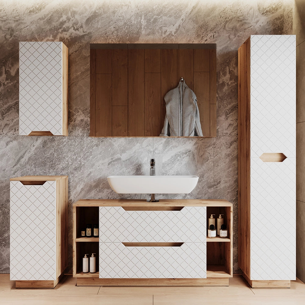 Vicco Mobile sottolavabo per bagno Rovere/bianco con struttura in piastrelle 119.2 x 62.5 cm con 2 cassetti